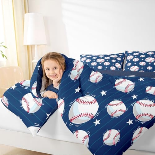 Baseball Comforter Set King Size,Ball Sports Games Bedding Set 3pcs for Kids Boys Teens Room Decor,Geometric Star Navy Blue Stripes Quilted Duvet Modern Fashion Bedspread with 2 Pillowcases