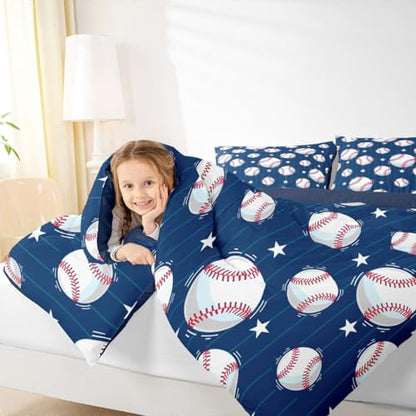 Baseball Comforter Set King Size,Ball Sports Games Bedding Set 3pcs for Kids Boys Teens Room Decor,Geometric Star Navy Blue Stripes Quilted Duvet Modern Fashion Bedspread with 2 Pillowcases