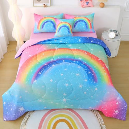 JQinHome Girls Comforter Set Queen, 6 Piece Bed in A Bag 3D Colorful Rainbow Bedding Sets for Teen Girls,with Sheet Sets (Rainbow)