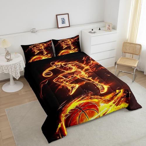 Castle Fairy Basketball Fire Comforter Set,Basketball Player Bedding Set for Kids Girls Boys,Teens Adults Burning Flame Comforter,Sports Gaming Quilted Duvet Set Bedroom Collection Twin Size 2Pcs