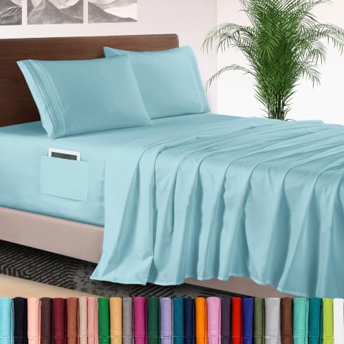 Elegant Comfort 4-Piece Bed Sheet Set - Luxury Bedding 1500 Premium Hotel Quality Microfiber, All Around Elastic 18-24 Inches Deep Fitted Sheet- Extra Deep Pocket Sheets, California King, Baby Blue