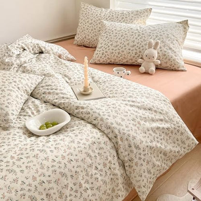 Boho Floral Duvet Cover Twin XL Aesthetic Cotton Floral Bedding Set Off White Vintage Garden Floral Comforter Cover Pink Flower Botanical French Style Duvet Cover Cottagecore Bedding Set Twin XL