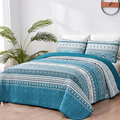 WONGS BEDDING Boho King Quilt Bedding Set, 3 Pieces Bedspread, Blue Green