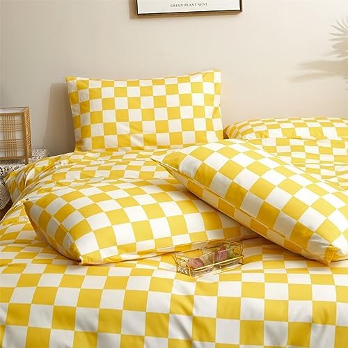 Houseri Plaid Comforter Set King 3 PCS White and Light Yellow Buffalo Checkered Bedding King Size Soft Comfy Women Men Luxury Bright Yellow Grid Checkerboard Gingham Bed Quilt Blanket