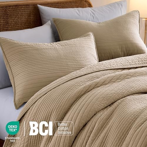 palassio Striped Dark Beige 100% Cotton Quilt Queen Size Bedding Sets, Lightweight Crinkly Channel Pick Stitch Textured Bedspread Soft Shabby Chic Farmhouse Country Coverlet for All Season, 2 Shams