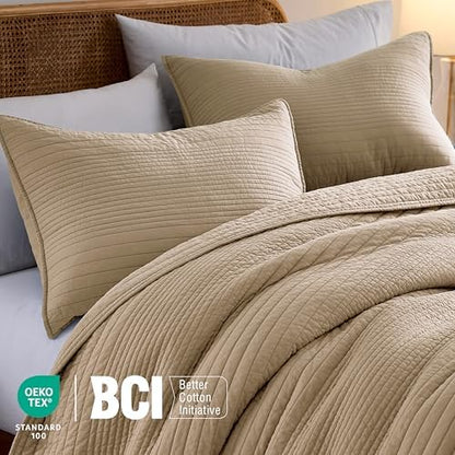 palassio Striped Dark Beige 100% Cotton Quilt Queen Size Bedding Sets, Lightweight Crinkly Channel Pick Stitch Textured Bedspread Soft Shabby Chic Farmhouse Country Coverlet for All Season, 2 Shams