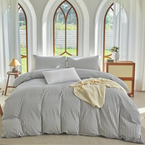 Striped Duvet Cover Set Queen Size 3 Pcs 100% Washed Cotton Linen Feel Bedding Set Soft Breathable (Queen, Classic Stripe-Dark Grey/White)