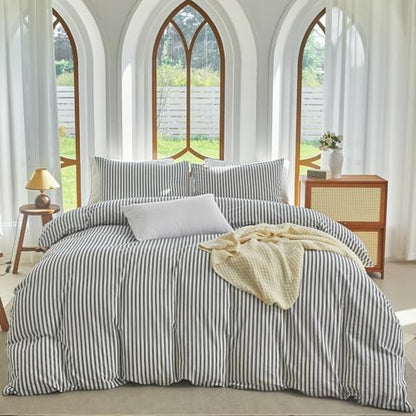 Striped Duvet Cover Set Queen Size 3 Pcs 100% Washed Cotton Linen Feel Bedding Set Soft Breathable (Queen, Classic Stripe-Dark Grey/White)