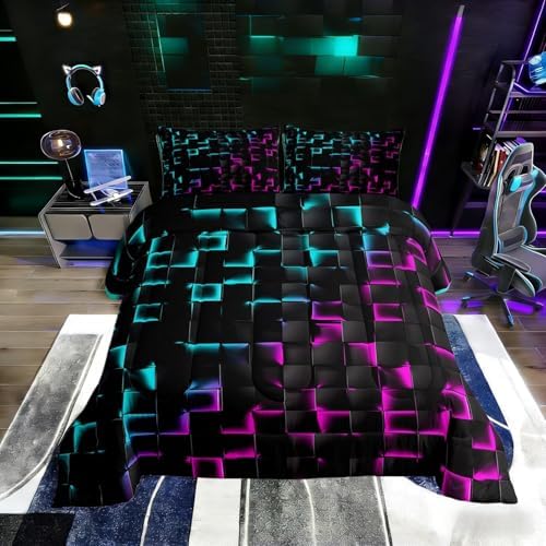 Erosebridal Geometric Checkered Comforter Set King Neon Teal Purple Bedding Set for Kids Boys Teen Men Gamer Room Decor,Abstract Ombre Plaid Comforter Grids Quilt Duvet Black