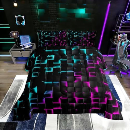 Erosebridal Geometric Checkered Comforter Set King Neon Teal Purple Bedding Set for Kids Boys Teen Men Gamer Room Decor,Abstract Ombre Plaid Comforter Grids Quilt Duvet Black