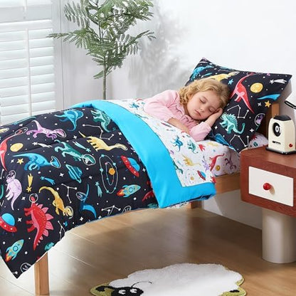lasoftan Toddler Bedding Set, Toddler Bed Comforter Sets for Girls, Toddler Bed Set, Space Dinosaur Printed