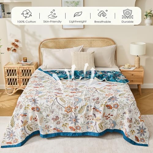 VANJOROY Boho Throw Blanket, 100% Organic Cotton Breathable Skin-Friendly Ultra Soft Bed Quilt Throw - All Season Floral Farmhouse Décor Luxury Blanket for Sofa Couch Chair and Gift. 60" x 80"