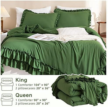 Masaca Olive Green Comforter Set Queen,Farmhouse Bedding Queen Size Comforter Set with Ruffle,Shabby Boho Chic French Country Dark Green Bedding Sets 3 Pieces