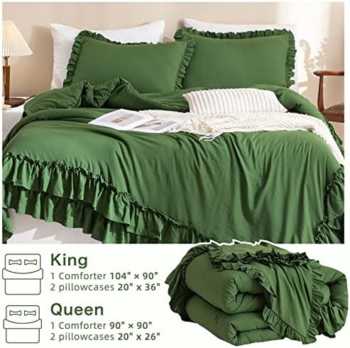 Masaca Olive Green Ruffled Comforter King Size,Farmhouse Shabby Boho Chic King Bed Comforters Vintage Rustic Bedding Ultra Soft 3PCS (1 Ruffle Comforter and 2 Pillowcases)