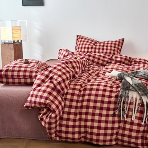 LifeTB Red Gingham Duvet Cover Twin XL, 100% Washed Cotton Vintage Plaid Checkered Comforter Cover, 3 Piece Farmhouse Grid Plaid Duvet Cover, Breathable Soft Chic Gingham Bedding Set Twin XL