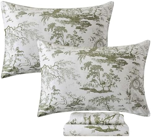 FADFAY Toile Sheets Set King Sage Green Toile de Jouy Bedding Pastoral Print French Country Bedding 100% Egyptian Cotton Farmhouse Sheets Breathable Soft 4Pcs Deep Pocket Sheet Set for All Seasons