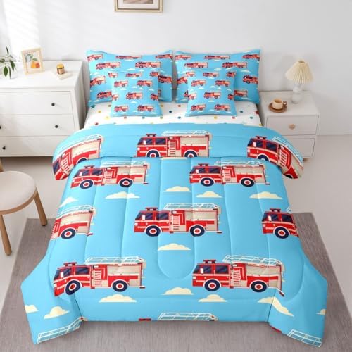 Erosebridal Cartoon Fire Truck Queen Bed in A Bag, Red Firemen Car Comforter Set with Sheets, White Cloud Blue Sky 7 Pieces Bedding Set for Kids Men Teens Boys Room Decor, Fire Engine Bed Sets