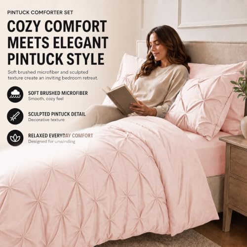 HIMEET Queen Comforter Set Peach Pink - 7 Pieces Pintuck Bed in a Bag