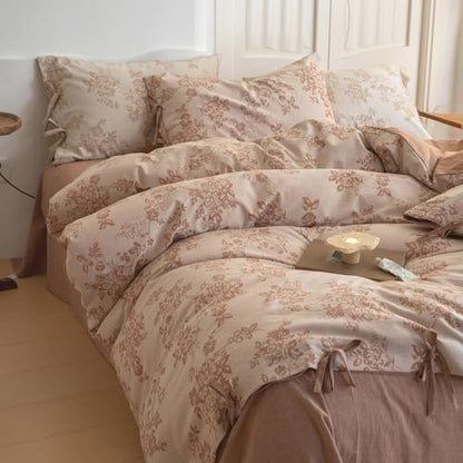 VM VOUGEMARKET Monet Flower Duvet Cover King 3 Pieces Retro Jacquard Floral Bedding Set,Linen Cotton Yarn-Dyed Textured Comforter Cover with Bowknot-104 x90,Pumpkin