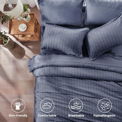 King Size Comforter Set 7 Piece,Greyish Blue Bed in a Bag King Bedding Sets