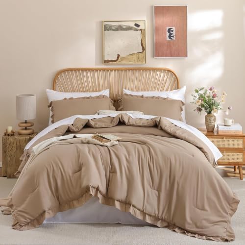 JANZAA Taupe Comforter Set Oversized King, Ruffle Soft Bedding