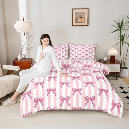 jejeloiu Pink Bow Bedding Set Soft for Boys Girls, Bowknot Comforter Set King Size Bow-tie Duvet Quilt Microfiber Colourful Bowknot Bedroom Decor 3 Pcs with 2 Pillow Cases