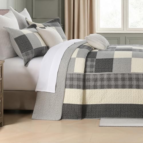 SahSahCasa 128"x120" Oversized King Quilt Set, 100% Cotton, California King Bedspread Coverlet, Cal King Quilted Bedspread Extra Large Quilt, XL Bed Spread Lightweight Comforter, 3pc, Charcoal/Cream