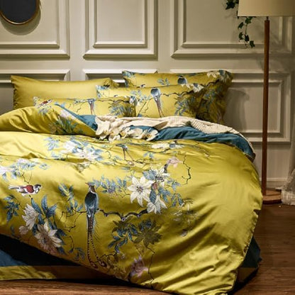 Garden Style Bird Duvet Cover Twin XL Vintage Boho Floral Duvet Cover Cotton Flowers Comforter Cover on Gold Yellow Bedding Set Farmhouse Floral Bedding Comforter Cover with 2 Pillowcases Twin XL Size