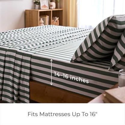 Mellanni Iconic 4-Piece, Ultra Soft Sheet Set (King, Oxford Stripe Sage)