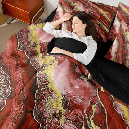 Erosebridal Red Golden Tie Dye Comforter Set Twin Size,Marble Texture Bedding Set for Kids Teens,Ink Fluid Art (Comforter+Fitted+Flat Sheet+2 Pillowcases+2 Throw Pillow Covers) 7 Pieces Bed Set