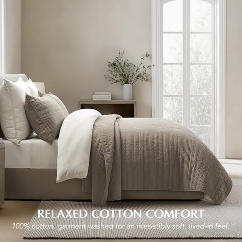 EVERGRACEHOME 100% Cotton Modern Lines Quilt Set King Size, Stone Taupe