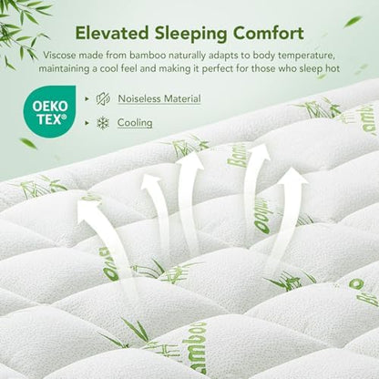 Twin Size Mattress Topper Viscose Made from Bamboo, Extra Thick Quilted Pillow Top, Naturally Cooling & Breathable for Hot Sleepers, Back Pain Relief, Deep Pocket Skirt Fits 6-18", Green