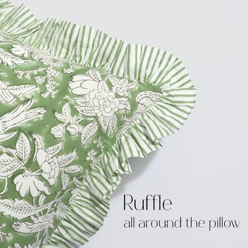 CPC Block Print Olive Green Ruffle Cotton Lumbar Pillow Cover 14x36 inch