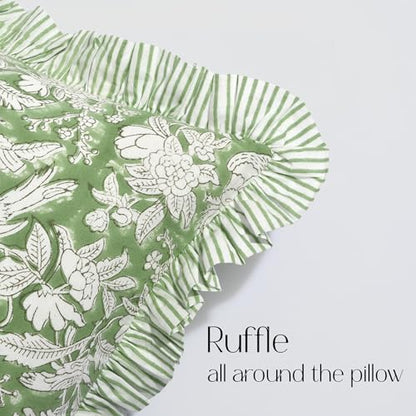 CPC Block Print Olive Green Ruffle Cotton Lumbar Pillow Cover 14x36 inch
