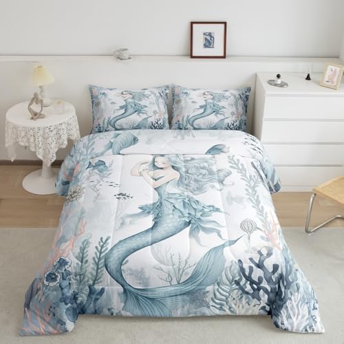 Homewish Cartoon Mermaid Comforter Set Queen Size,Blue Coral Shell Fish Quilt Set 3Pcs for Kids Girls Woman Teens Room Decor,Watercolor Sea Life Bedding Set Fantasy Mermaid Duvet Insert,2 Pillowcases