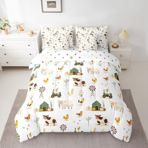 Erosebridal Farm Animal Twin Comforter Set 7 Piece for Kids Boys Girls Chickens Sheep Cow Bed in A Bag with Sheets Rustic Farmhouse Windmill Bedding Set Cartoon Tractor Barn Bed Set