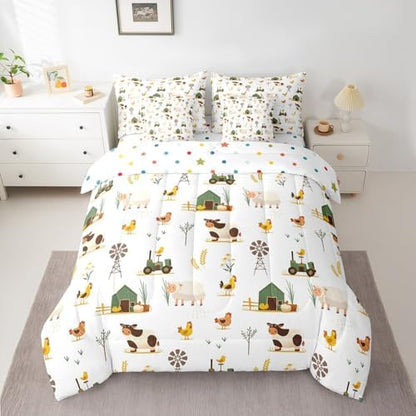 Erosebridal Farm Animal Twin Comforter Set 7 Piece for Kids Boys Girls Chickens Sheep Cow Bed in A Bag with Sheets Rustic Farmhouse Windmill Bedding Set Cartoon Tractor Barn Bed Set