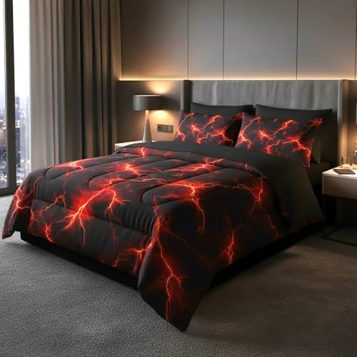 QOOMO Red Lightning 7 Pieces Comforter Set Queen,Neon Bedding Set for Kids
