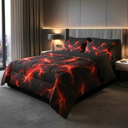 QOOMO Red Lightning 7 Pieces Comforter Set Queen,Neon Bedding Set for Kids