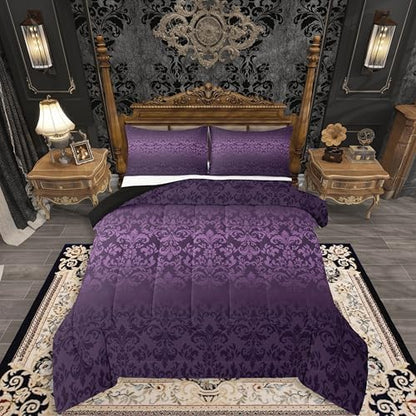 jejeloiu Gothic Damask Kids Comforter Set Full Size Vintage Jacquard Bedding Set Purple Exotic Floral Duvet Quilt for Kids Boys Girls Bedroom Antique Classic Decor Microfiber Ultra Soft Breathable