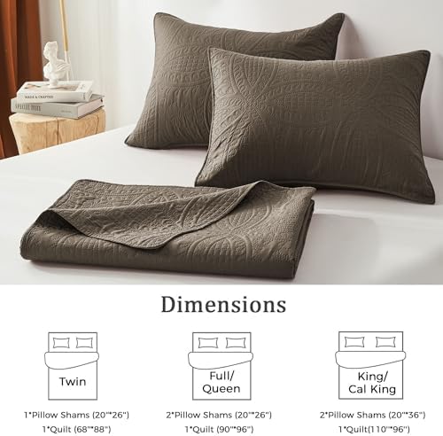 akkialla Mocha Brown Full/Queen Quilt Set,Ultrasonic Lightweight Bedspread Coverlet for Modern Minimalist Bedroom,Soft Microfiber Coin Pattern Bedding,3-Piece (1 Quilt,2 Pillow Shams)