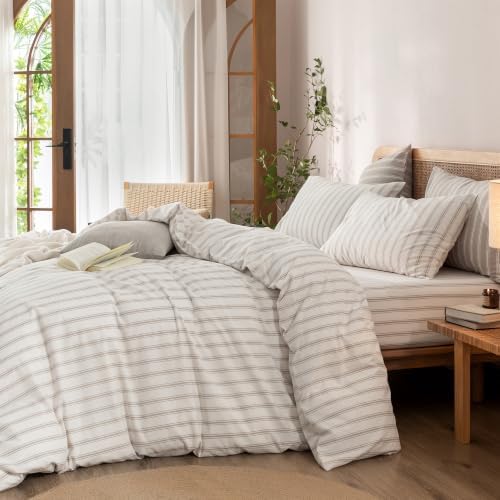 BESTOUCH Striped Cotton Duvet Cover Set Linen Feel Twin
