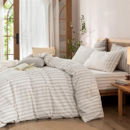 BESTOUCH Striped Cotton Duvet Cover Set Linen Feel Oversized King