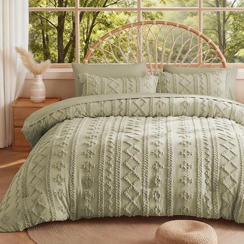 MR&HM Queen Comforter Set 7 Pieces, Tufted Boho Beddding Set Sage Green