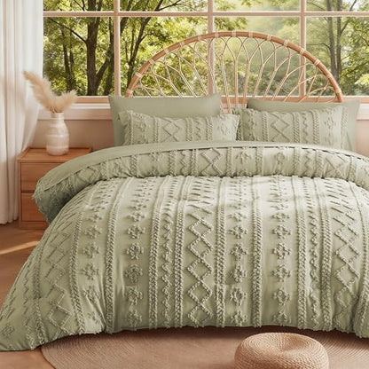 MR&HM Queen Comforter Set 7 Pieces, Tufted Boho Beddding Set Sage Green