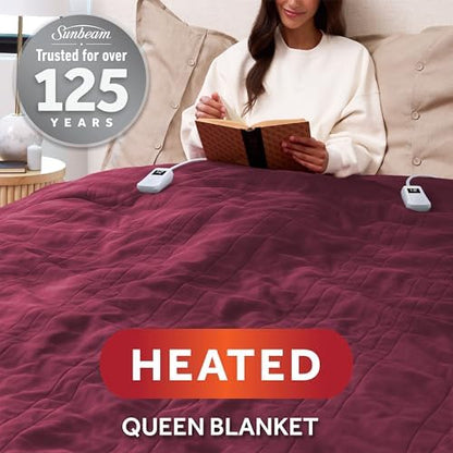 Sunbeam Electric Heated Blanket Royal Luxe Microplush Burgundy Queen 90x84
