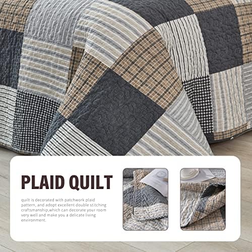 Y-PLWOMEN 100% Cotton King Size Quilt Farmhouse Plaid 3-Pieces Bedding