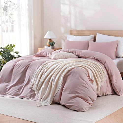 TOCOMOA 100% Muslin Cotton Duvet Cover Set, Pink, Queen