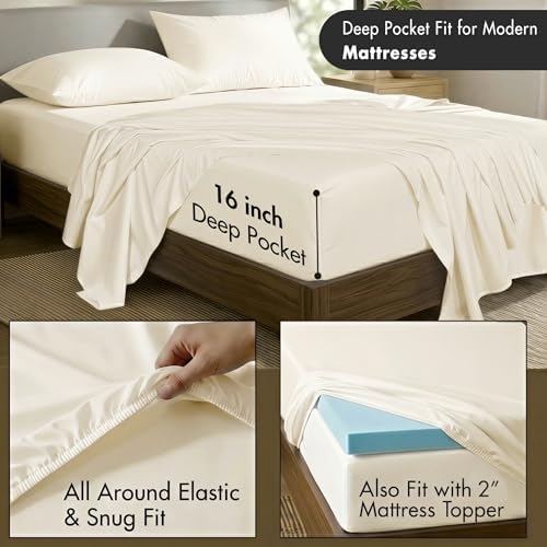 ZOYER 100% Cotton Sheets – Queen Size Percale Bedding, Cooling & Breathable, Durable with a Crisp, Soft & Comfortable Feel, 16" Deep Pocket, 4-Piece Set, Cream White