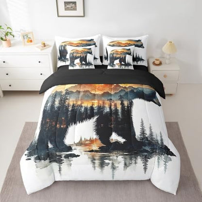 Feelyou Bear Comforter Set 7 Pieces Twin Size Rustic Cabin Country Bedding Set for Boys Girls Nature Wildlife Bed in a Bag with Comforter, Sheets, Pillowcases & Cushion Covers